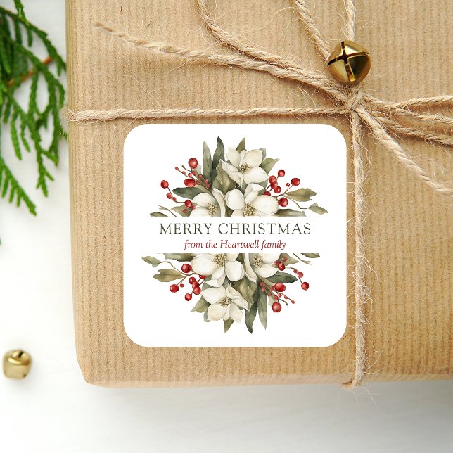 Sticker Carré Aquarelle Joyeux Noël Floral Magnolia Baies (Créateur téléchargé)