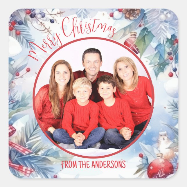 Sticker Carré Aquarelle Joyeux Noël Photo de la frontière d'hive (Devant)