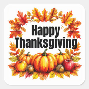 Sticker Carré Aquarelle Joyeux Thanksgiving Citrouilles & Feuill