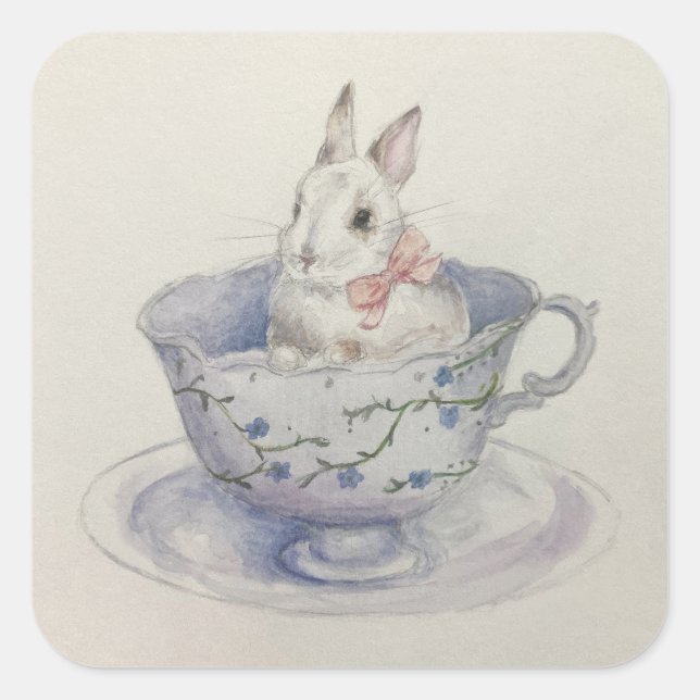 Sticker Carré Aquarelle lapin en Floral Teacup (Devant)