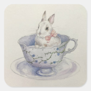 Sticker Carré Aquarelle lapin en Floral Teacup