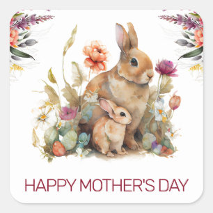 Sticker Carré Aquarelle Lapin Mère et Bébé pour la Fête des Mère