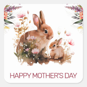 Sticker Carré Aquarelle Lapin Mère et Bébé pour la Fête des Mère