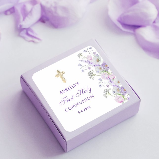 Sticker Carré Aquarelle Lilac Fleurs Première communion (Créateur téléchargé)