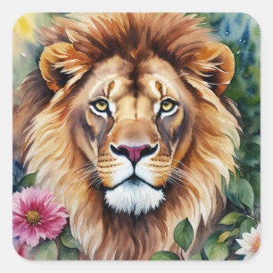 Sticker Carré Aquarelle Lion Floral Art