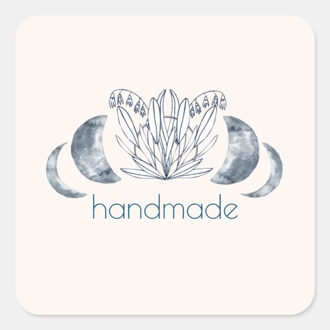 Sticker Carré Aquarelle Lune Phase & Art Botanique Gris Bleu (Devant)