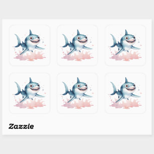 Sticker Carré Aquarelle main tiré mignon jouant bébé requin