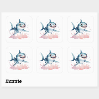 Sticker Carré Aquarelle main tiré mignon jouant bébé requin