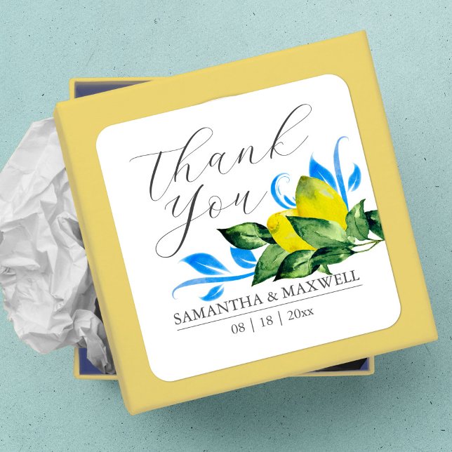 Sticker Carré Aquarelle Mariage citron Favoriser (Wedding Favor Sticker watercolor lemon Mykonos blue art by Victoria Grigaliunas)
