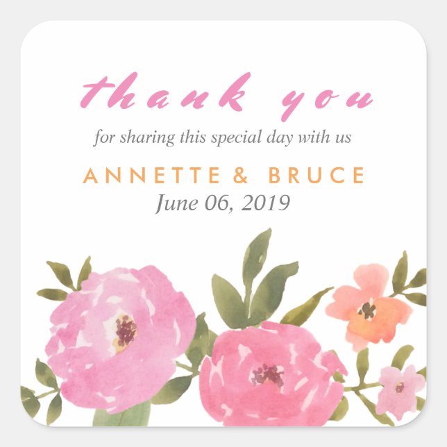 Sticker Carré Aquarelle Mariage Floral Merci (Devant)