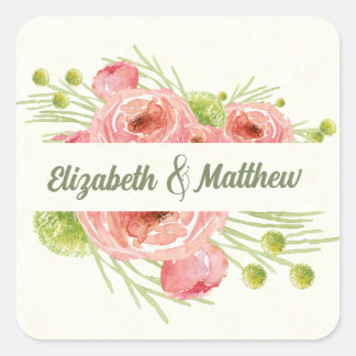 Sticker Carré Aquarelle Mariage Floral Merci