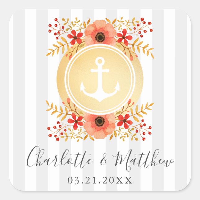 Sticker Carré Aquarelle marine Floral Gold Ancre Mariage (Devant)