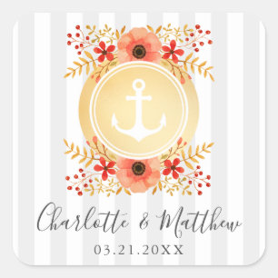 Sticker Carré Aquarelle marine Floral Gold Ancre Mariage