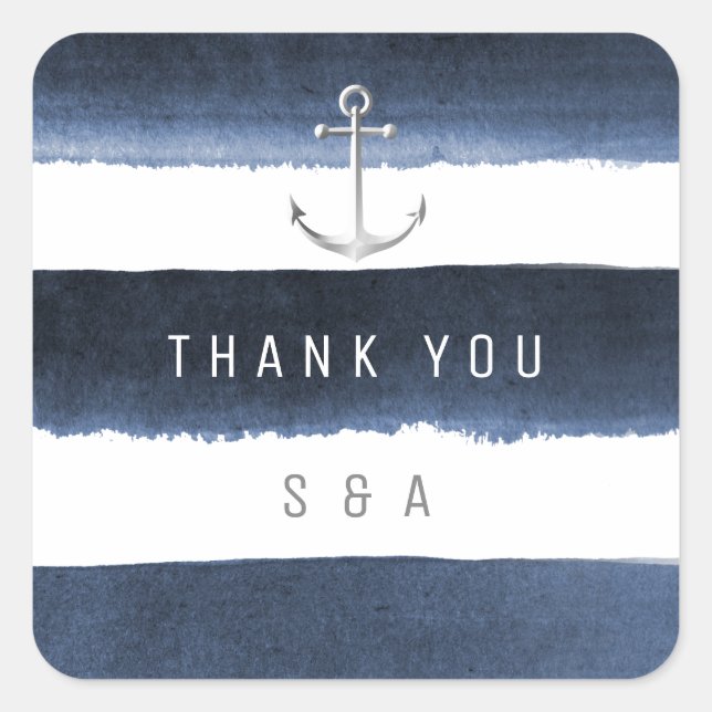 Sticker Carré Aquarelle marine rayures ancre mariage plage (Devant)