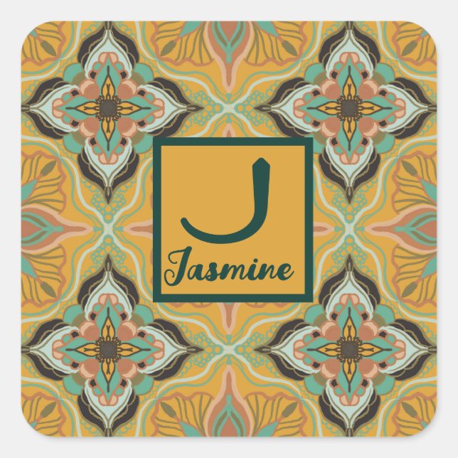 Sticker Carré Aquarelle Marocaine Jaune Floral Personnalisé (Devant)