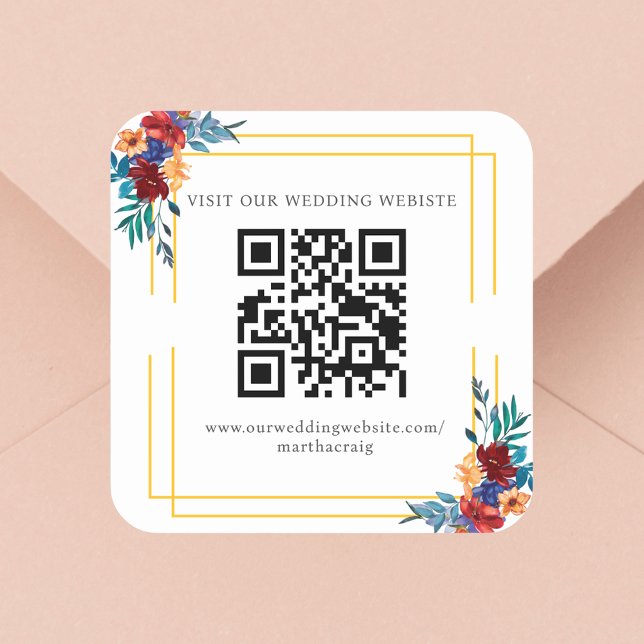 Sticker Carré Aquarelle mexicaine Fiesta Flower Mariage QR Code (Créateur téléchargé)
