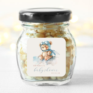 Sticker Carré Aquarelle mignonne Bleu Teddy Baby shower du garço