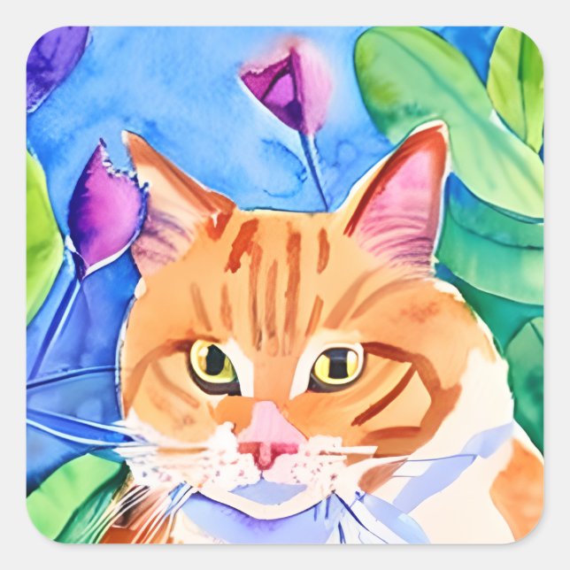 Sticker Carré Aquarelle mignonne Chat orange et jolies fleurs (Devant)