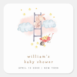 Sticker Carré Aquarelle minimale Boho Bunny Stars Baby shower