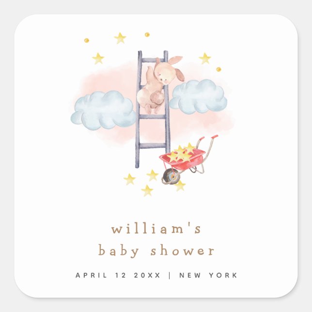 Sticker Carré Aquarelle minimale Boho Bunny Stars Baby shower (Devant)