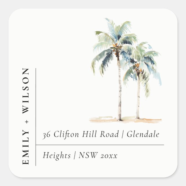 Sticker Carré Aquarelle minimale Palm Trees Adresse tropicale (Devant)