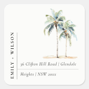 Sticker Carré Aquarelle minimale Palm Trees Adresse tropicale