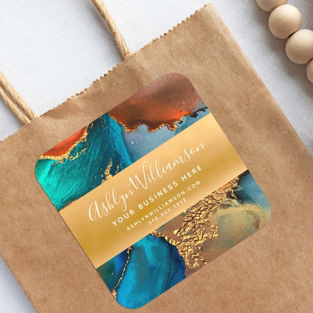 Sticker Carré Aquarelle moderne agate doré turquoise orange (Créateur téléchargé)