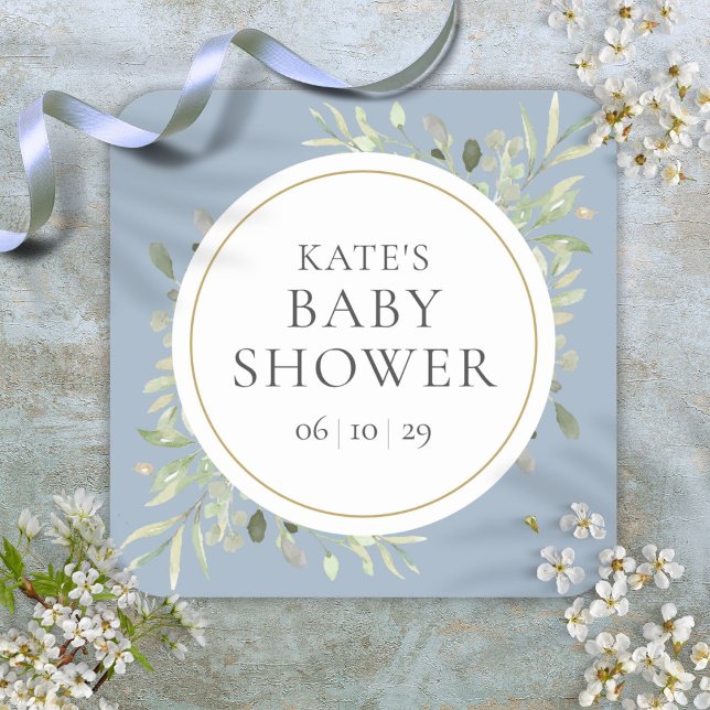 Sticker Carré Aquarelle moderne Baby shower verdoyant Dusty Blue (Modern Watercolour Greenery Baby Shower Dusty Blue Square Sticker)