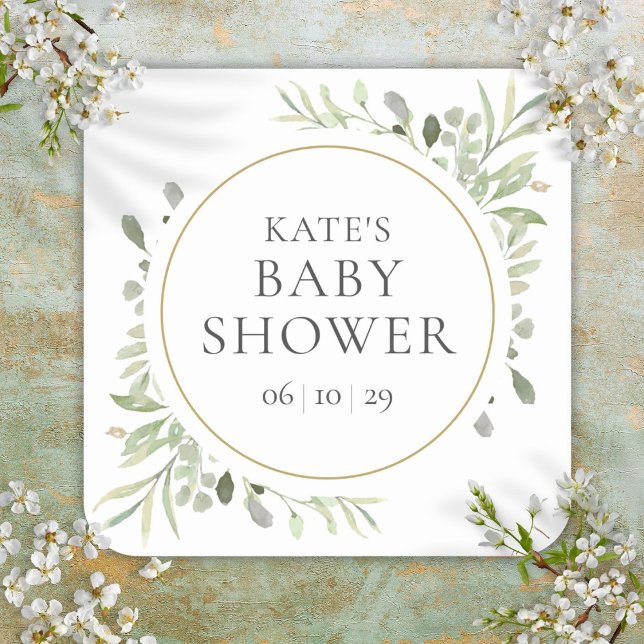 Sticker Carré Aquarelle moderne Baby shower vert (Modern Watercolour Greenery Baby Shower Square Sticker)