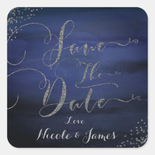 Sticker Carré Aquarelle moderne Bleu Argent Confetti Date de sau