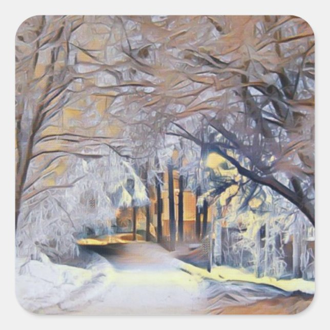 Sticker Carré Aquarelle moderne des arbres enneigés colorés (Devant)