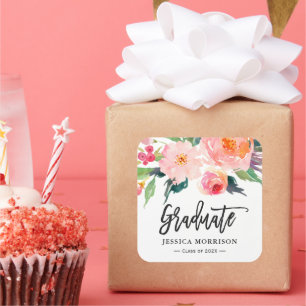 Sticker Carré Aquarelle moderne Floral Graduate Graduation Favor