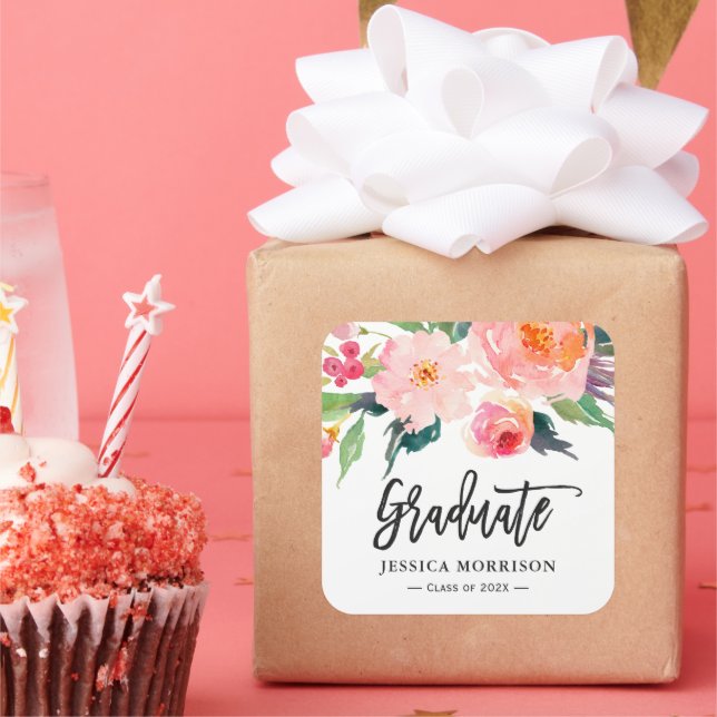 Sticker Carré Aquarelle moderne Floral Graduate Graduation Favor (Fête)