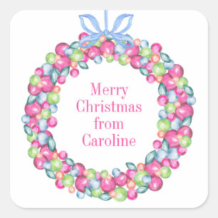 Sticker Carré Aquarelle Noël Baubles colorés Wreath