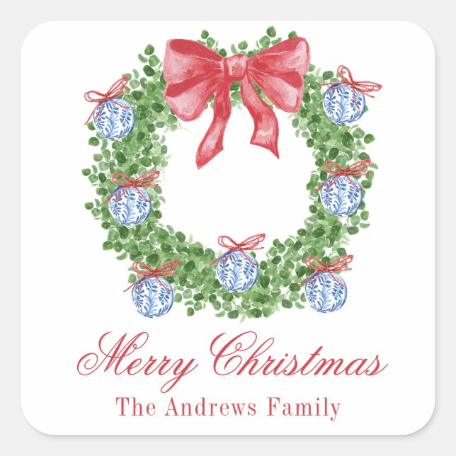Sticker Carré Aquarelle Noël Chinoiserie Ornement Wreath (Devant)