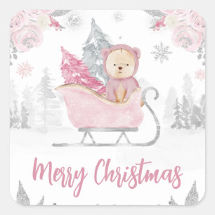 Sticker Carré Aquarelle Noël Floral Rose Hiver Ours Mignon