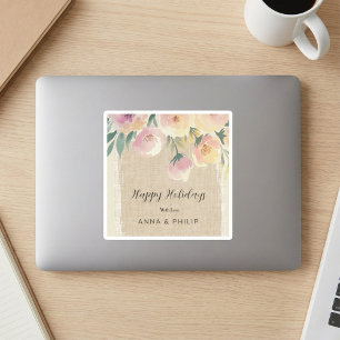 Sticker Carré Aquarelle Noël floral toile de jute rustique