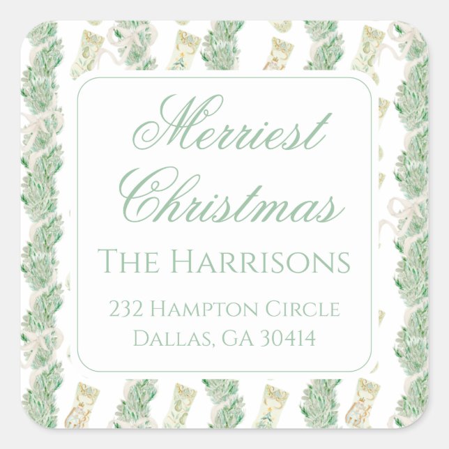 Sticker Carré Aquarelle Noël Garland Bedford Stockings (Devant)