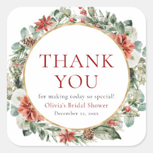 Sticker Carré Aquarelle Noël hiver Rouge or Fête des mariées