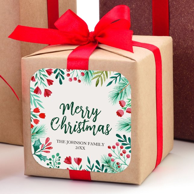 Sticker Carré Aquarelle Noël Holly et la famille Berries (Watercolor Christmas Winter Wreath with Holly Square Sticker)