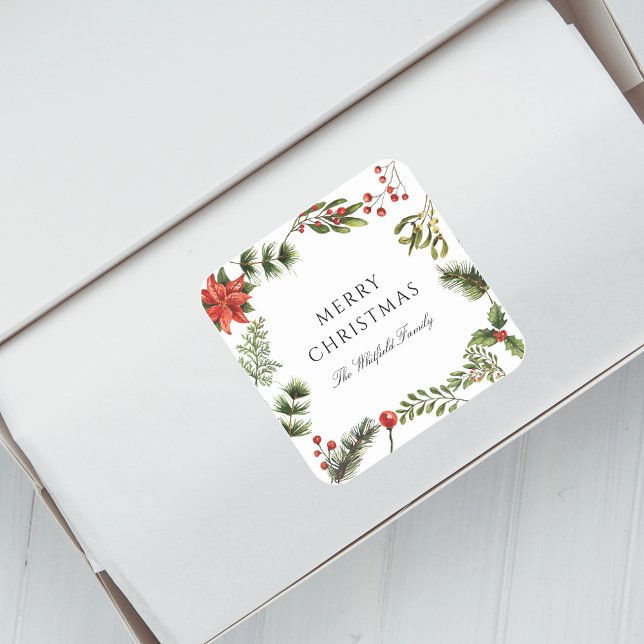 Sticker Carré Aquarelle Noël Vacances Verdure (Christmas Red Berries Botanical Script Envelope Seal Sticker)