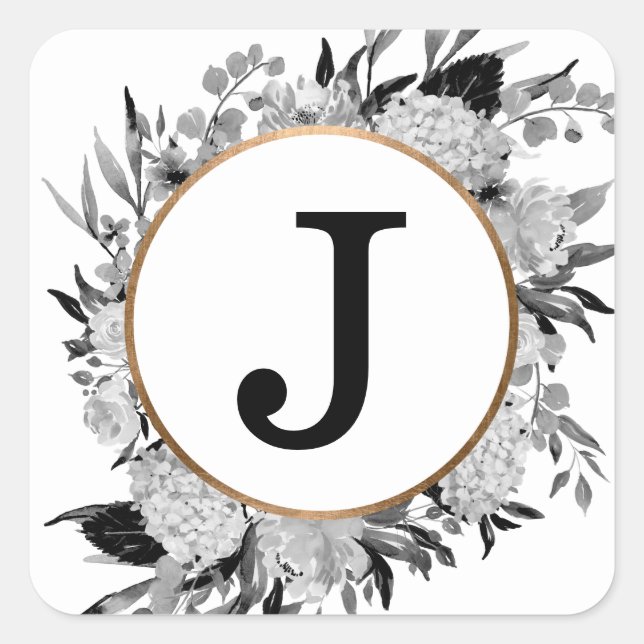 Sticker Carré Aquarelle noire et blanche moderne Monogramme flor (Devant)