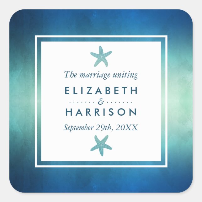 Sticker Carré Aquarelle Océan Starfish Plage Mariage Faveur (Devant)
