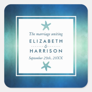 Sticker Carré Aquarelle Océan Starfish Plage Mariage Faveur