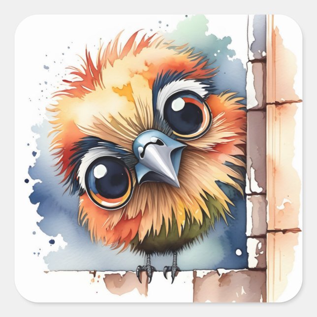 Sticker Carré Aquarelle Oiseau assis sur un mur (Devant)