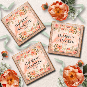 Sticker Carré Aquarelle Orange Floral Mariage