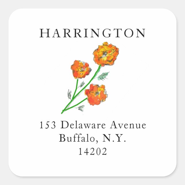 Sticker Carré Aquarelle Orange Marigolds Jolie adresse de retour (Devant)