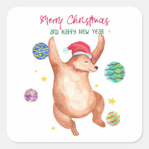 Sticker Carré Aquarelle Ours Danse Avec Ornements Noël