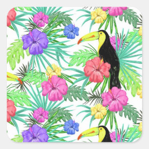 Sticker Carré Aquarelle Palme tropicale, Hawaiian Hibiskus Touca