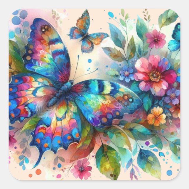 Sticker Carré Aquarelle Papillon Floral Fleurs Bleu rose (Devant)